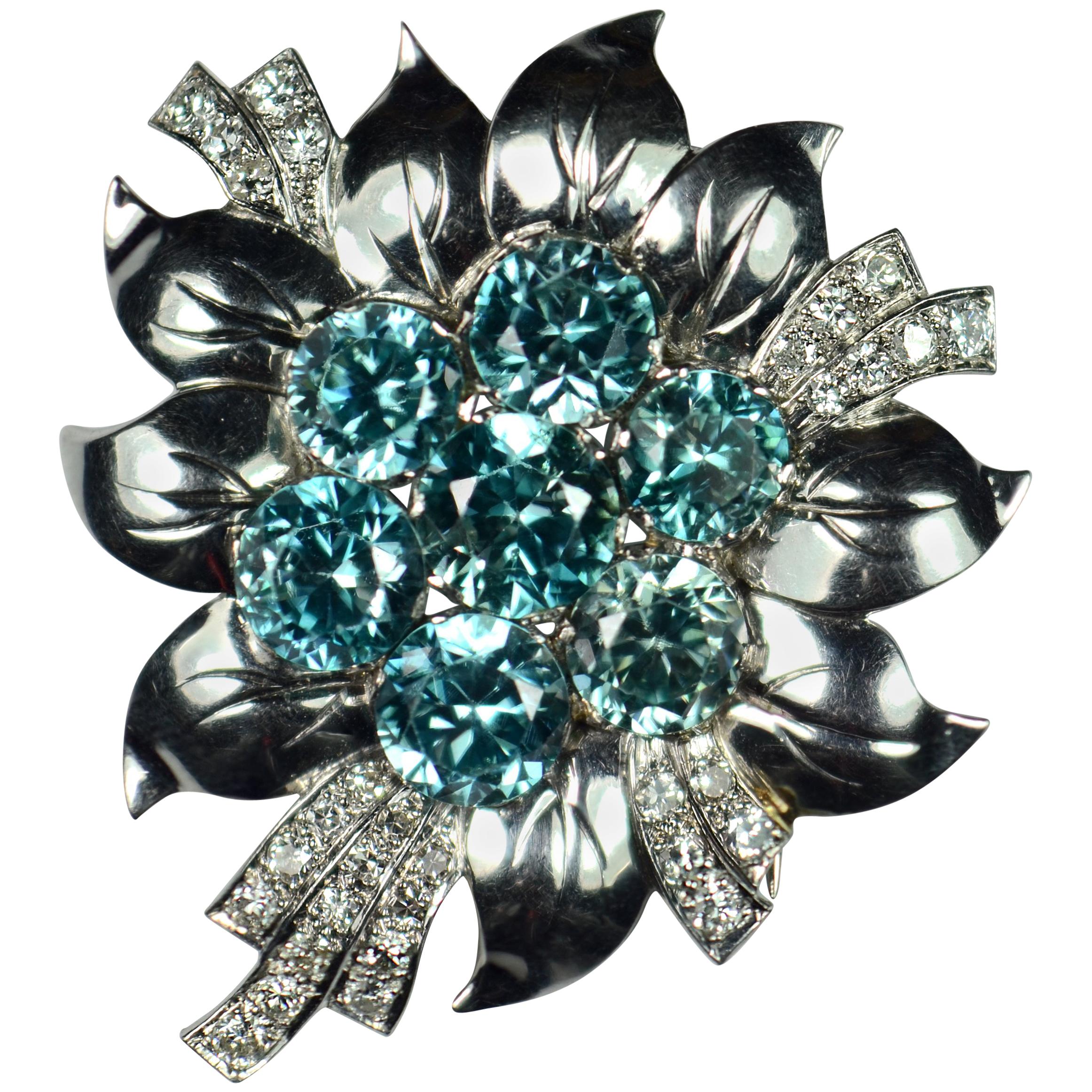 Blue Zircon White Diamond Platinum Flower Brooch For Sale