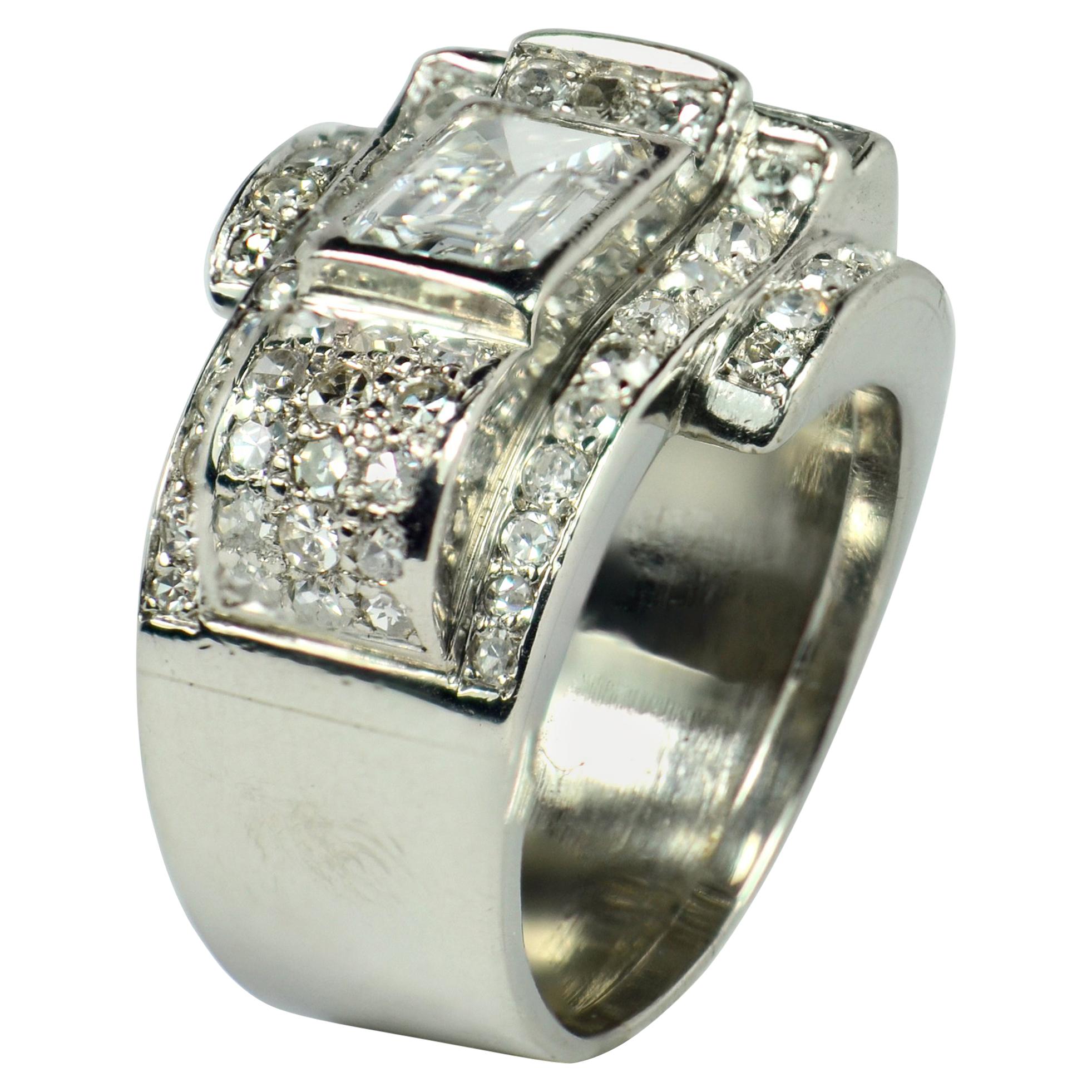 Art Deco Diamond Platinum Tank Ring For Sale