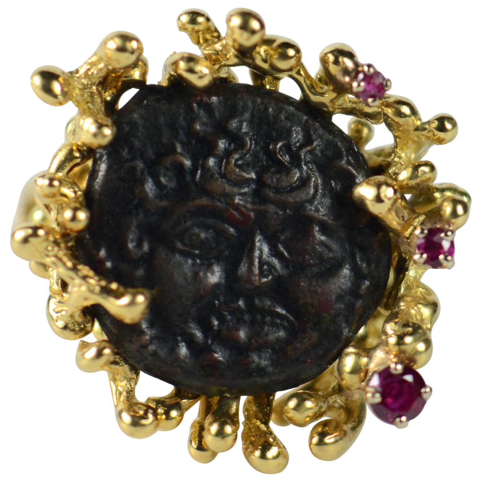 Antique Medusa Coin Ruby Gold Ring