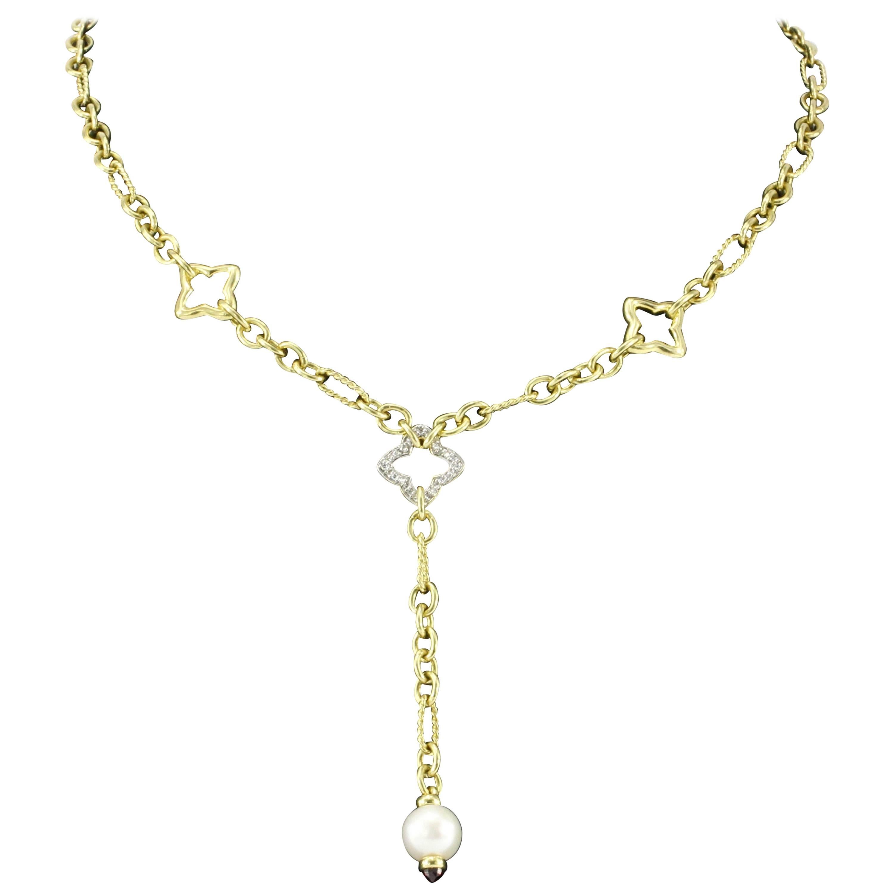 David Yurman 18 Karat Yellow Gold and Pearl Quatrefoil Link Drop Necklace