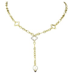 David Yurman 18 Karat Yellow Gold and Pearl Quatrefoil Link Drop Necklace