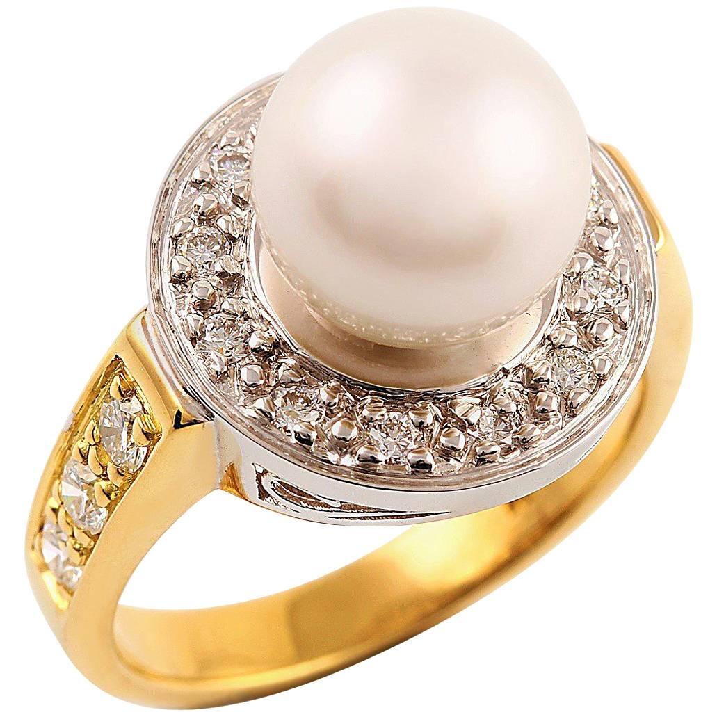 Kian Design Two-Tone Round South Sea Pearl and Diamond Ring