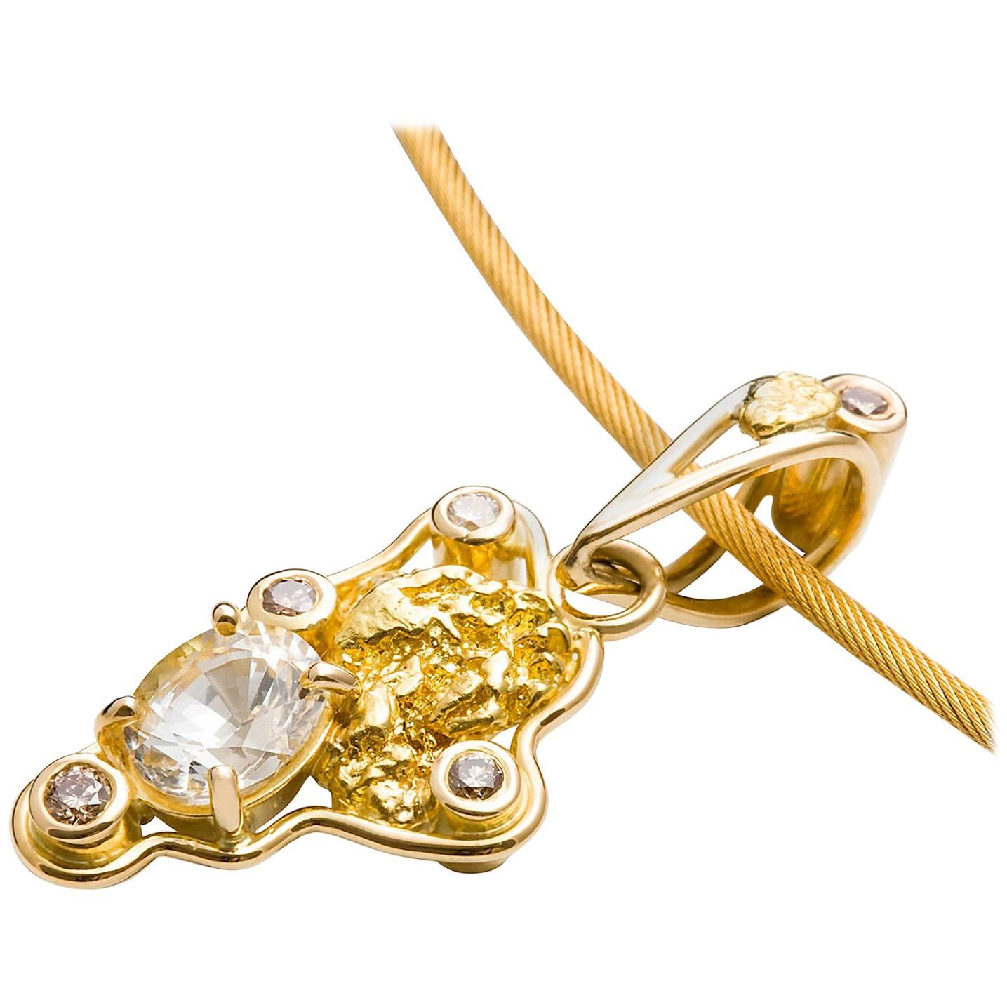 Kian Design 18 Carat Yellow Gold Nugget, White Sapphire and Diamond Necklace