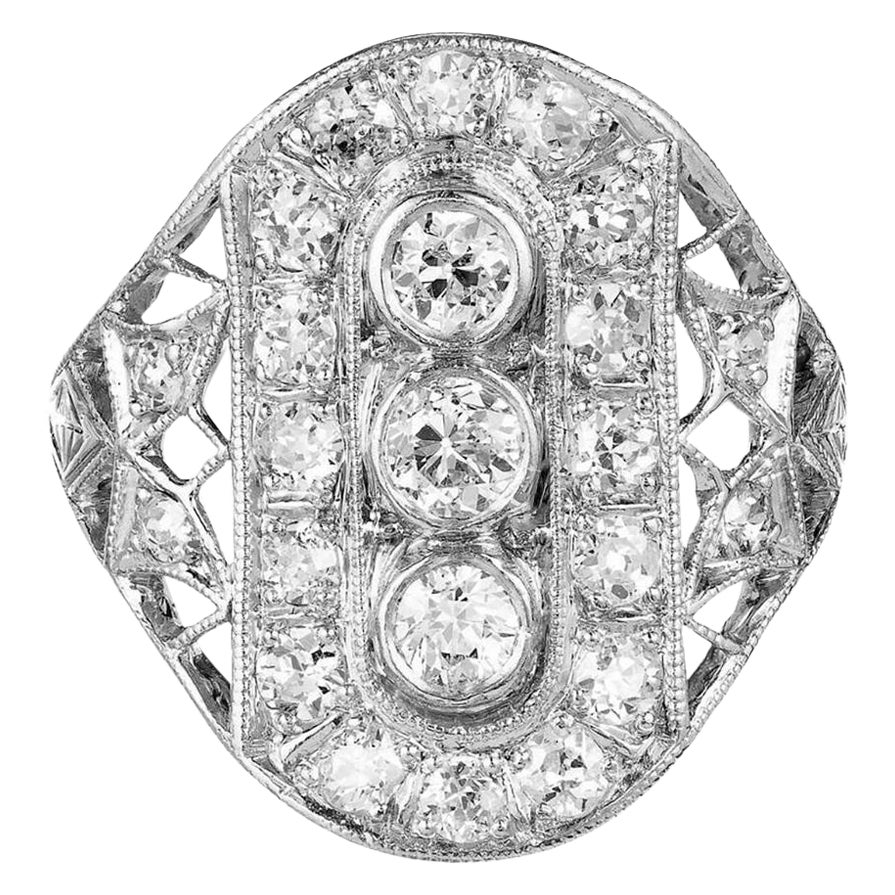 Anello Cocktail in platino con diamante vecchio taglio europeo Art Deco