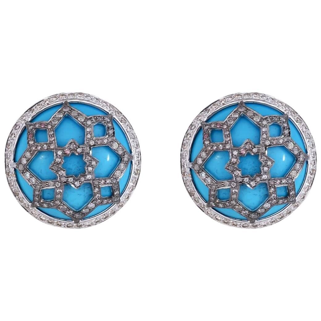 Handcrafted Art Deco Turquoise and Diamond 18 Karat Gold Stud Earrings