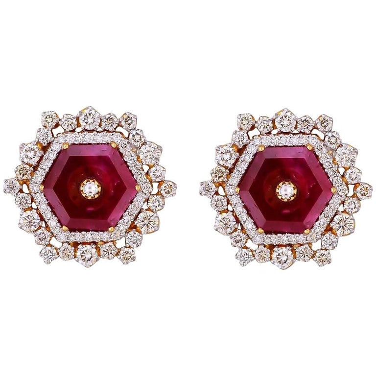 Ruby Diamond Gold Stud Earrings For Sale at 1stDibs
