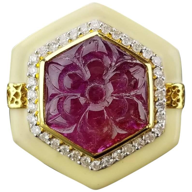 Carved 11 carat Ruby and White Enamel 18K Gold Cocktail Ring