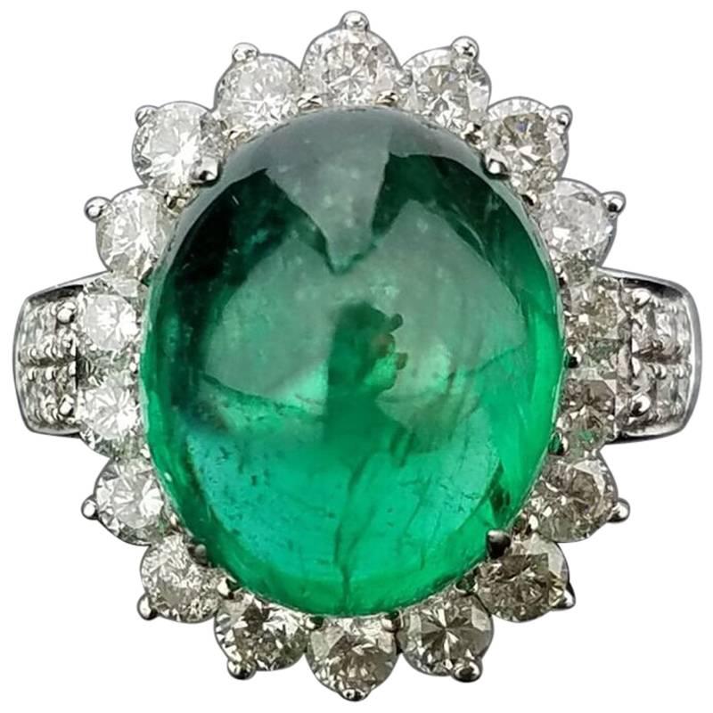 8.35 Carat Emerald Cabochon and Diamond Cocktail Ring For Sale