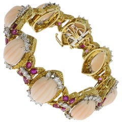 Coral Ruby and Diamond Gold Bracelet