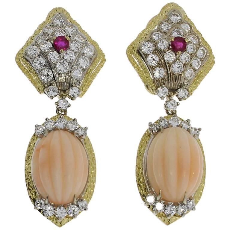 Coral, Diamond and Ruby Gold Earrings For Sale