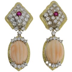 Vintage Coral, Diamond and Ruby Gold Earrings