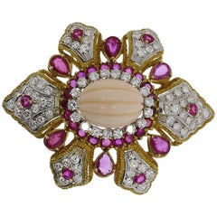 Coral Diamond and Ruby Gold Brooch/Pendant