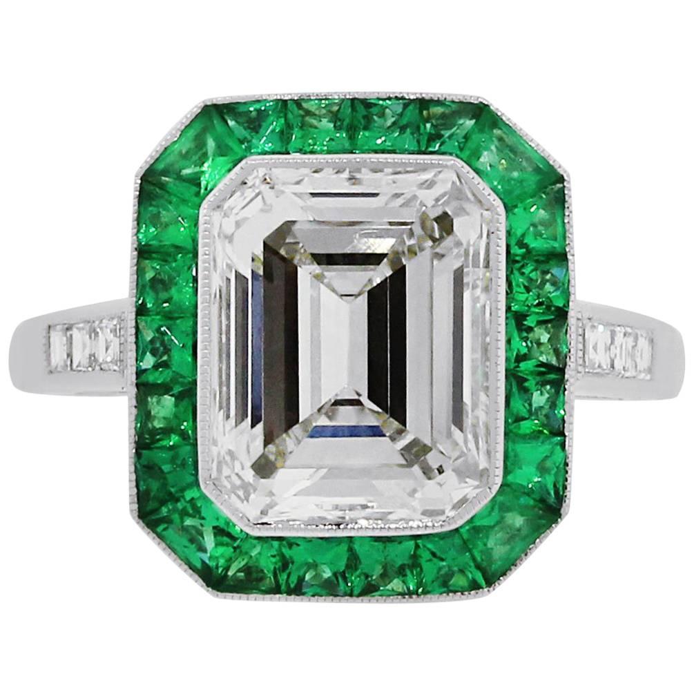 3.15 Carat Emerald Cut Diamond Emerald Halo Engagement Ring 