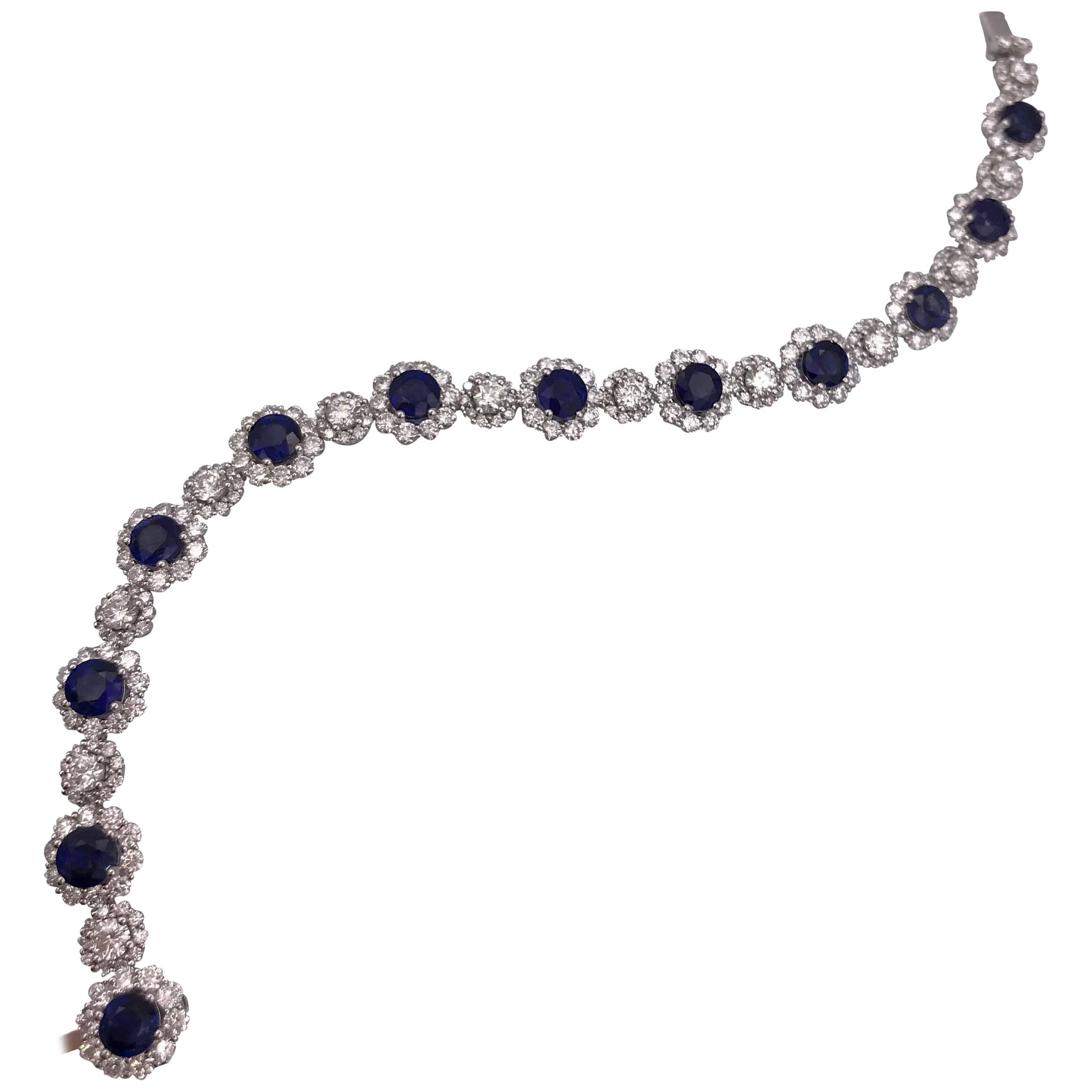 Sapphire and Diamonds Flower Shape Tennis Bracelet