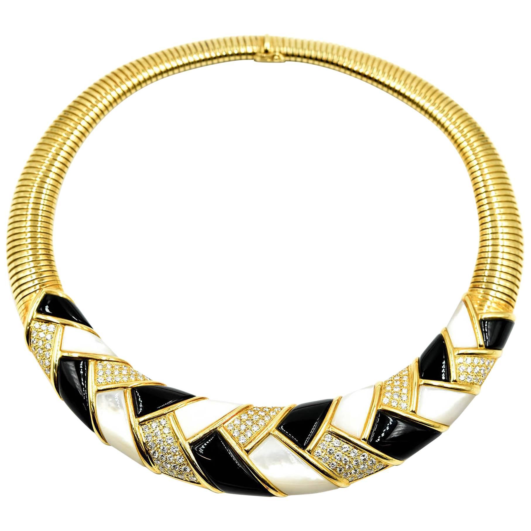 18 Karat Yellow Gold Round Diamond, Black Onyx, Mother of Pearl Collar Necklace