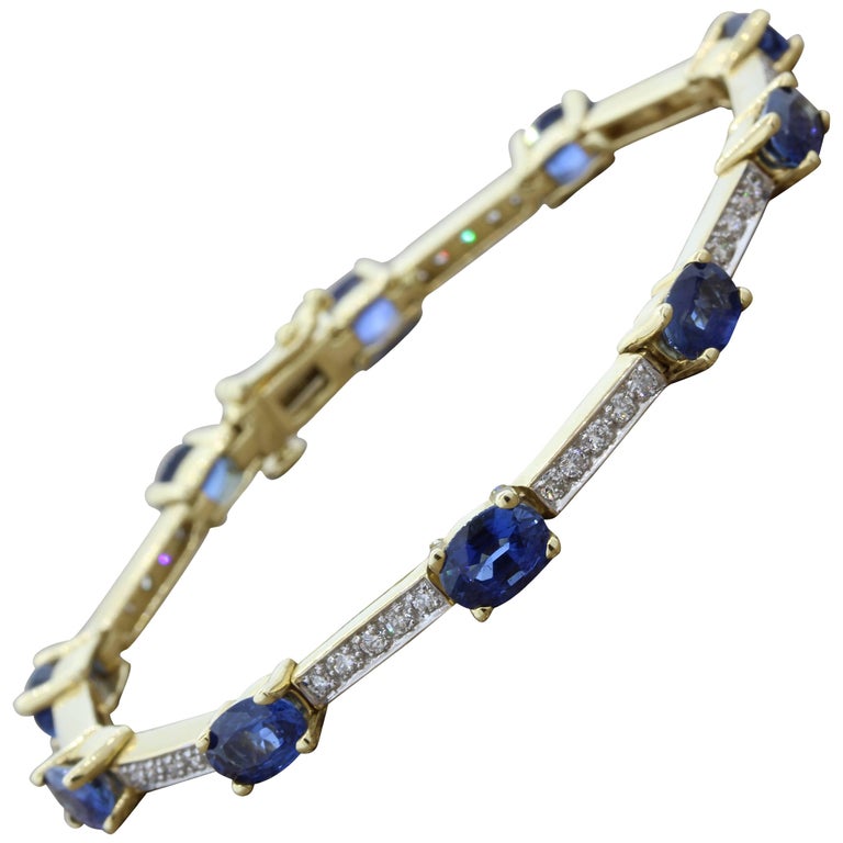 Blue Sapphire Diamond Gold Tennis Bracelet For Sale at 1stdibs
