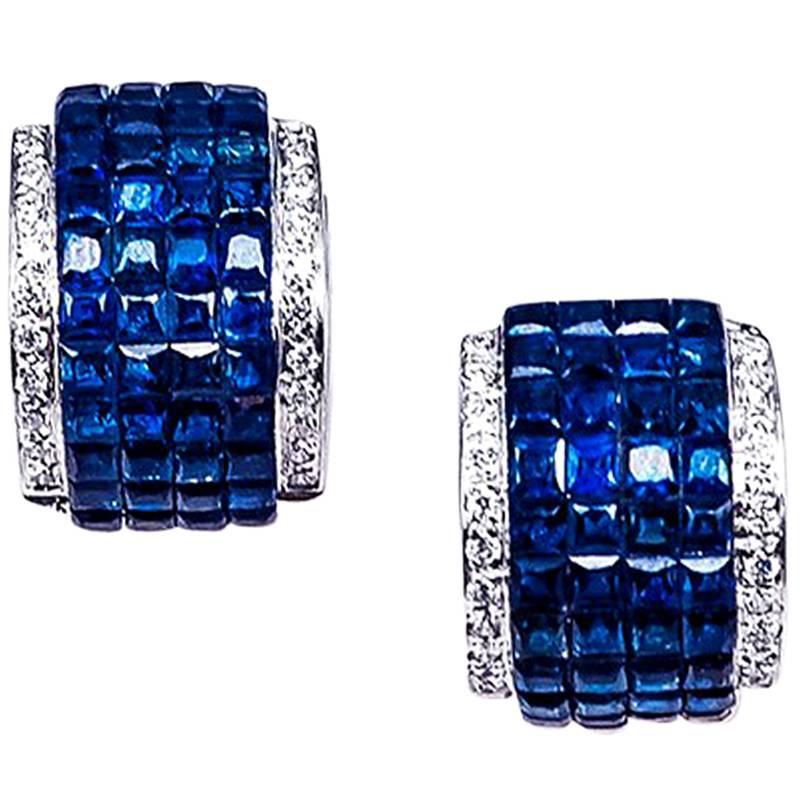 18K White gold invisible Sapphire Hoop Earrings For Sale
