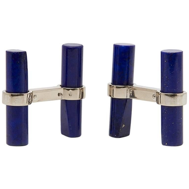 Cartier 18 Karat White Gold Lapis Lazuli Men's Baton Cufflinks