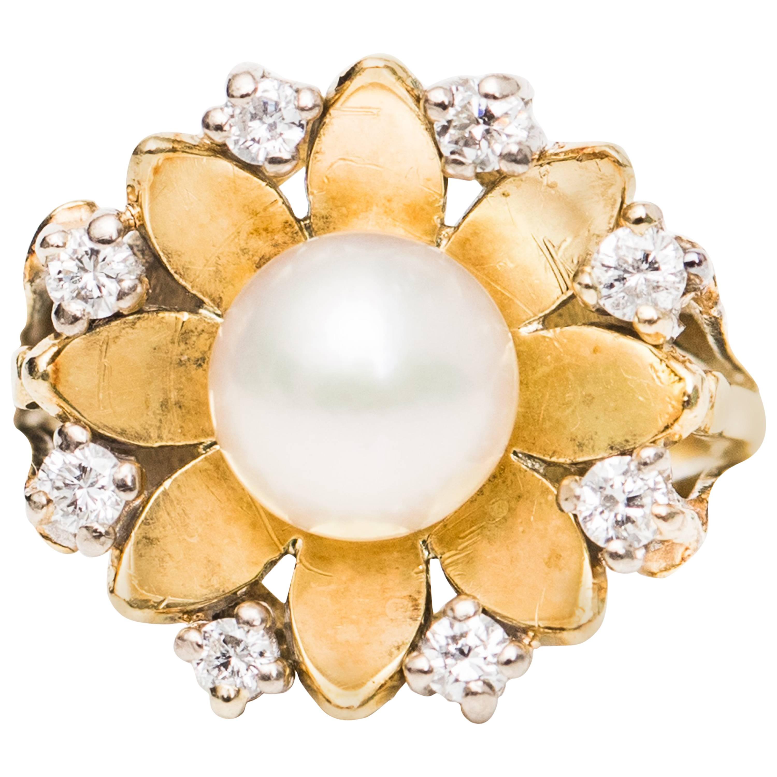 1960s Pearl and Diamond Halo 14 Karat Yellow Gold Ring