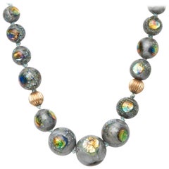 1960s Glass and Ammolite Yellow Gold Bead Necklace
