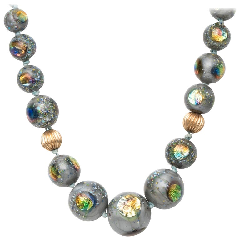 1960s Glass and Ammolite Yellow Gold Bead Necklace For Sale at 1stDibs ammolite beads, 1960s