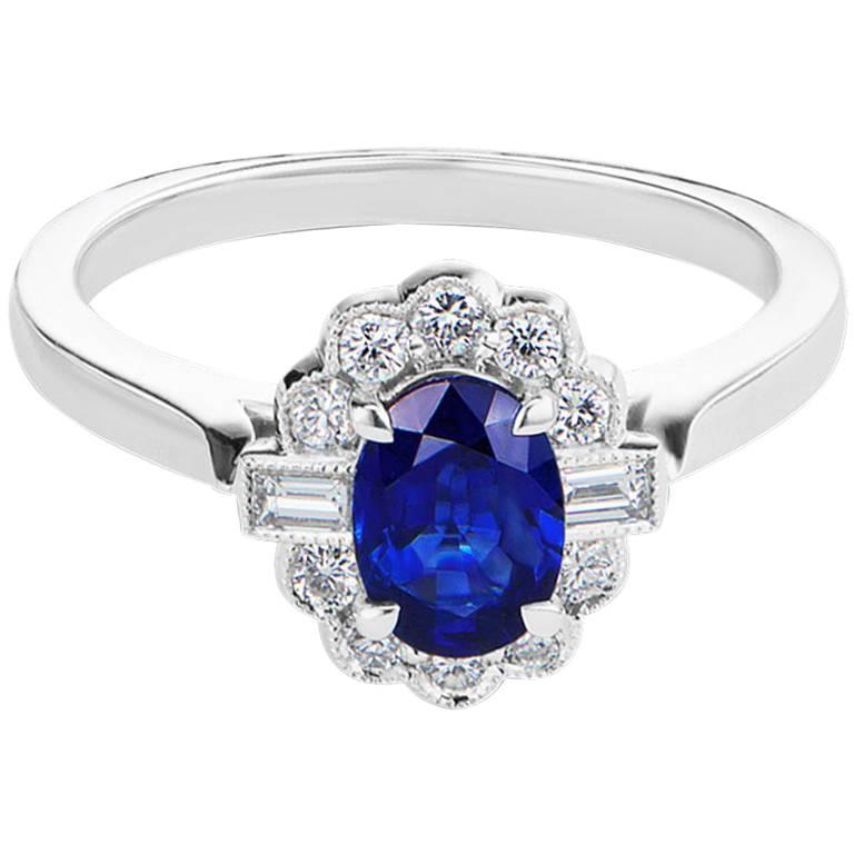0.96 Carat Sapphire and Diamond White Gold Engagement Ring For Sale
