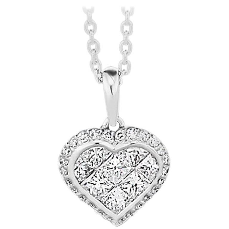 Princess Cut and Round Brilliant Cut Diamond Heart Necklace For Sale