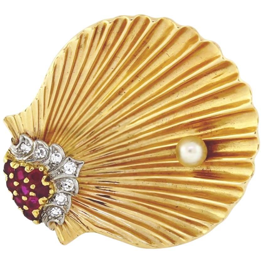 Cartier Diamond and Ruby, Gold Shell Brooch