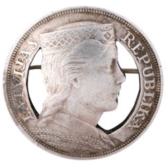 1929 Republic of Latvia 5 Lati Coin Pin Brooch, Sterling Silver