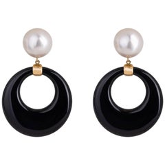 Onyx and Mabe Pearl Gold Dangle Earrings