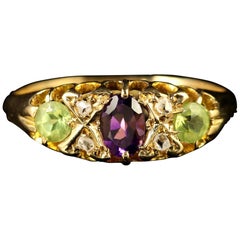 Antique Suffragette 18 Carat Gold Ring Peridot Amethyst Diamond, Dated 1923