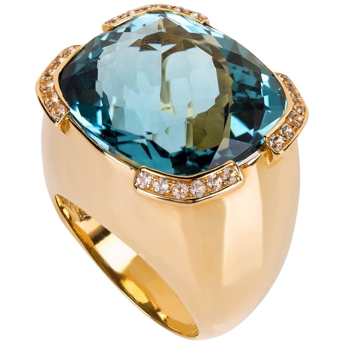  40 Carat Aquamarine Diamond Gold Ring For Sale