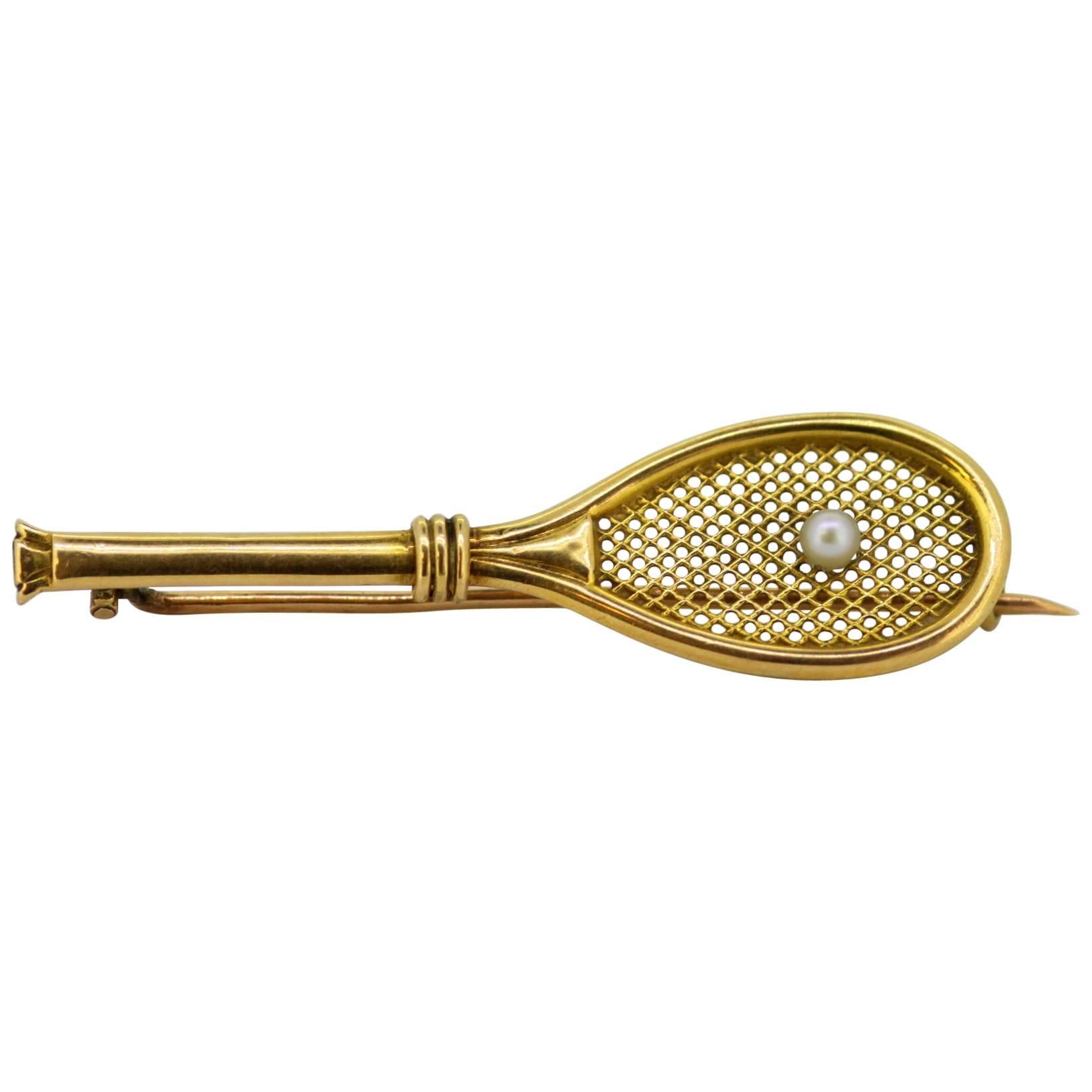 18 Karat Yellow Gold Tennis Racket Brooch with Freshwater Pearl