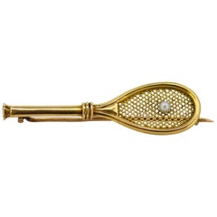 18 Karat Yellow Gold Tennis Racket Brooch with Freshwater Pearl