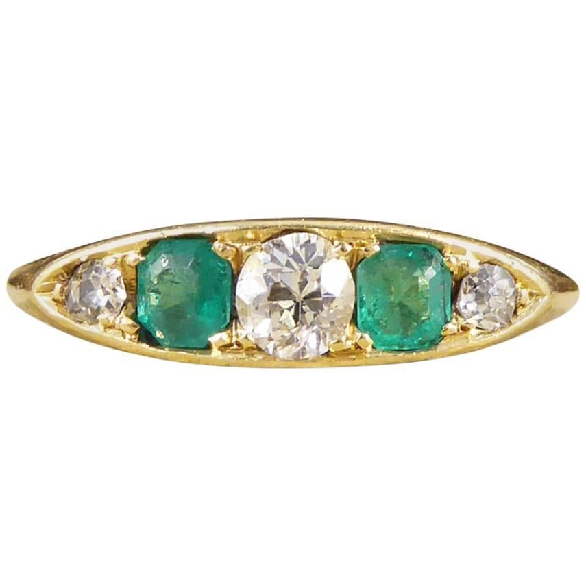 Antique Emerald and Diamond Five Stone Ring in 18 Carat Yellow Gold