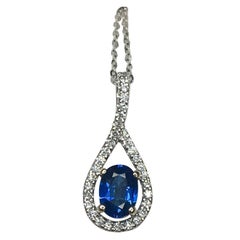 Ceylon Blue Sapphire, Diamond 18k White Gold Crossover Pendant 1.00ct and 0.23ct