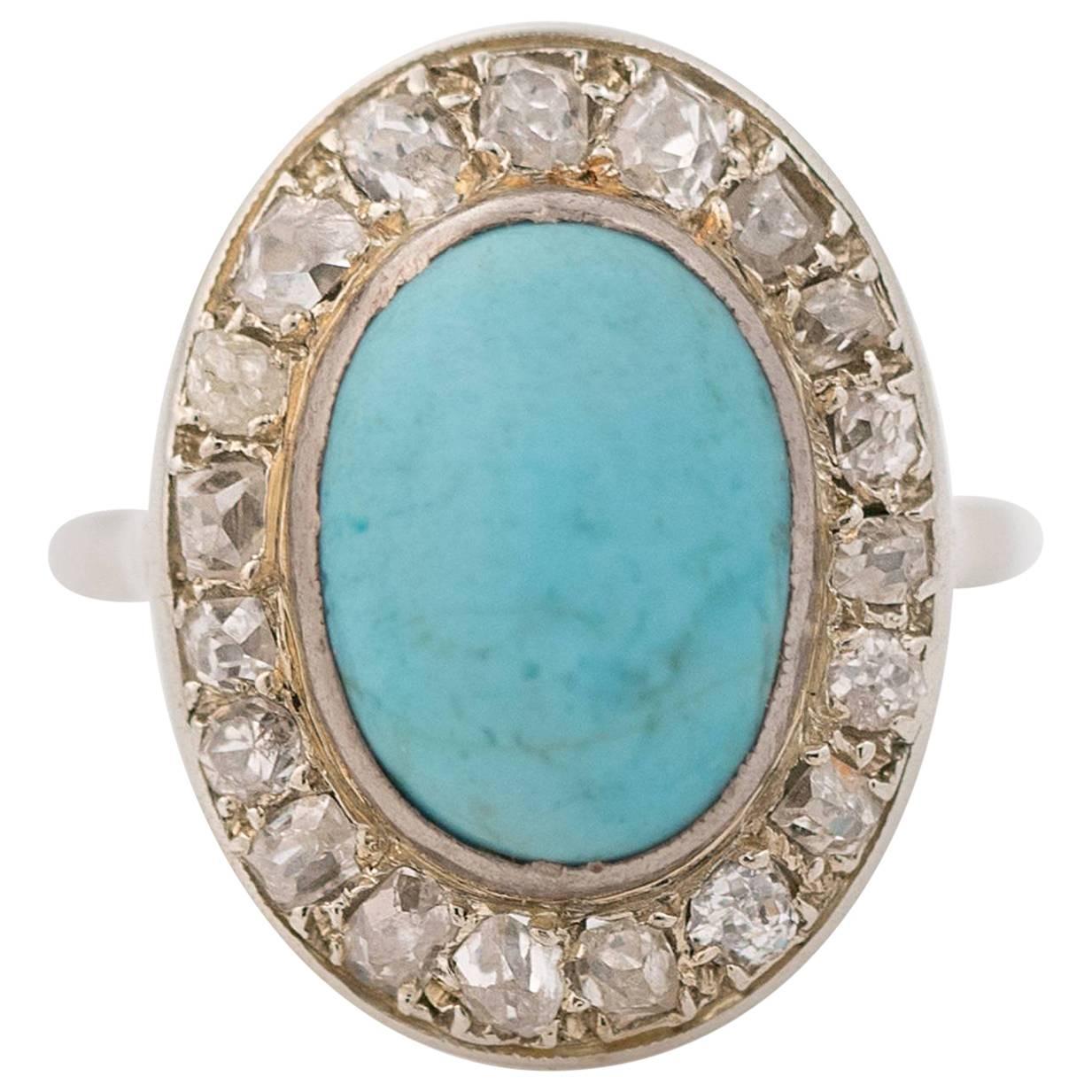 1930s Diamond and Turquoise 14 Karat White Gold Halo Ring