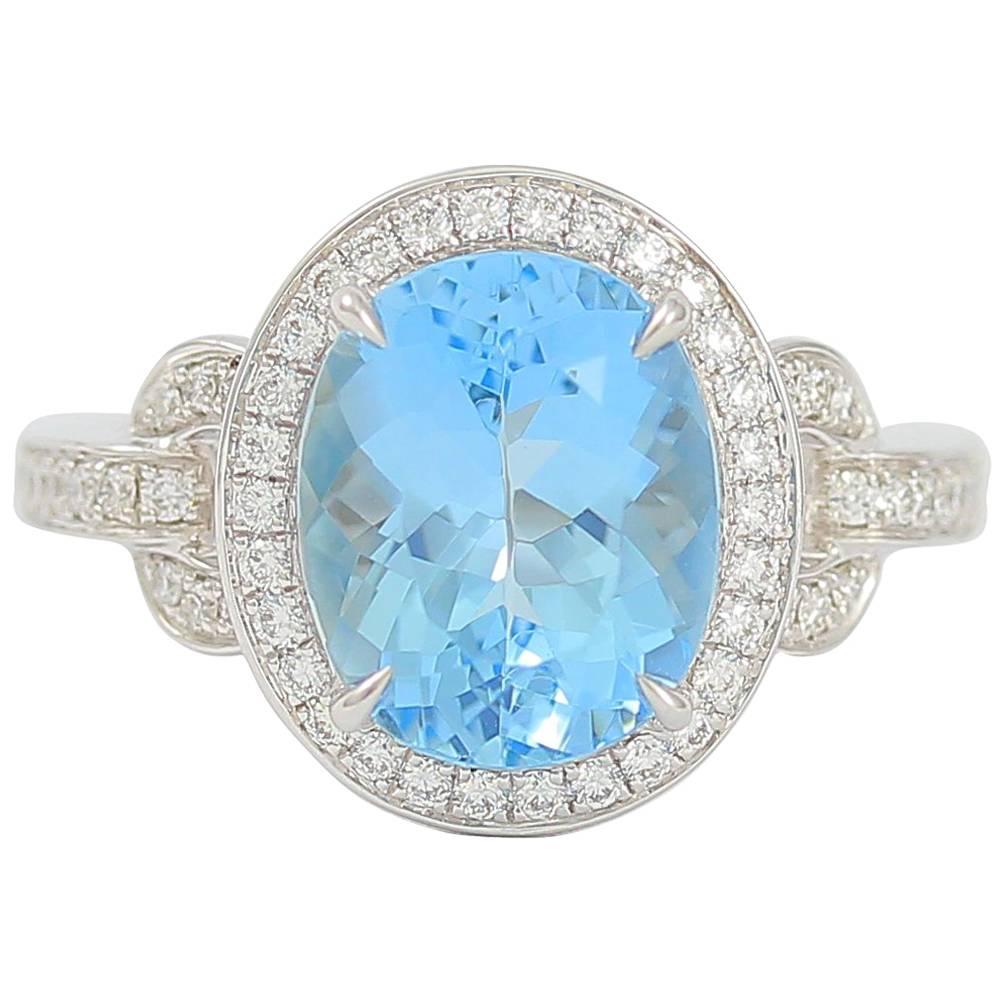 Frederic Sage 3.60 Carat Oval Aquamarine Diamond One of Kind Ring For Sale