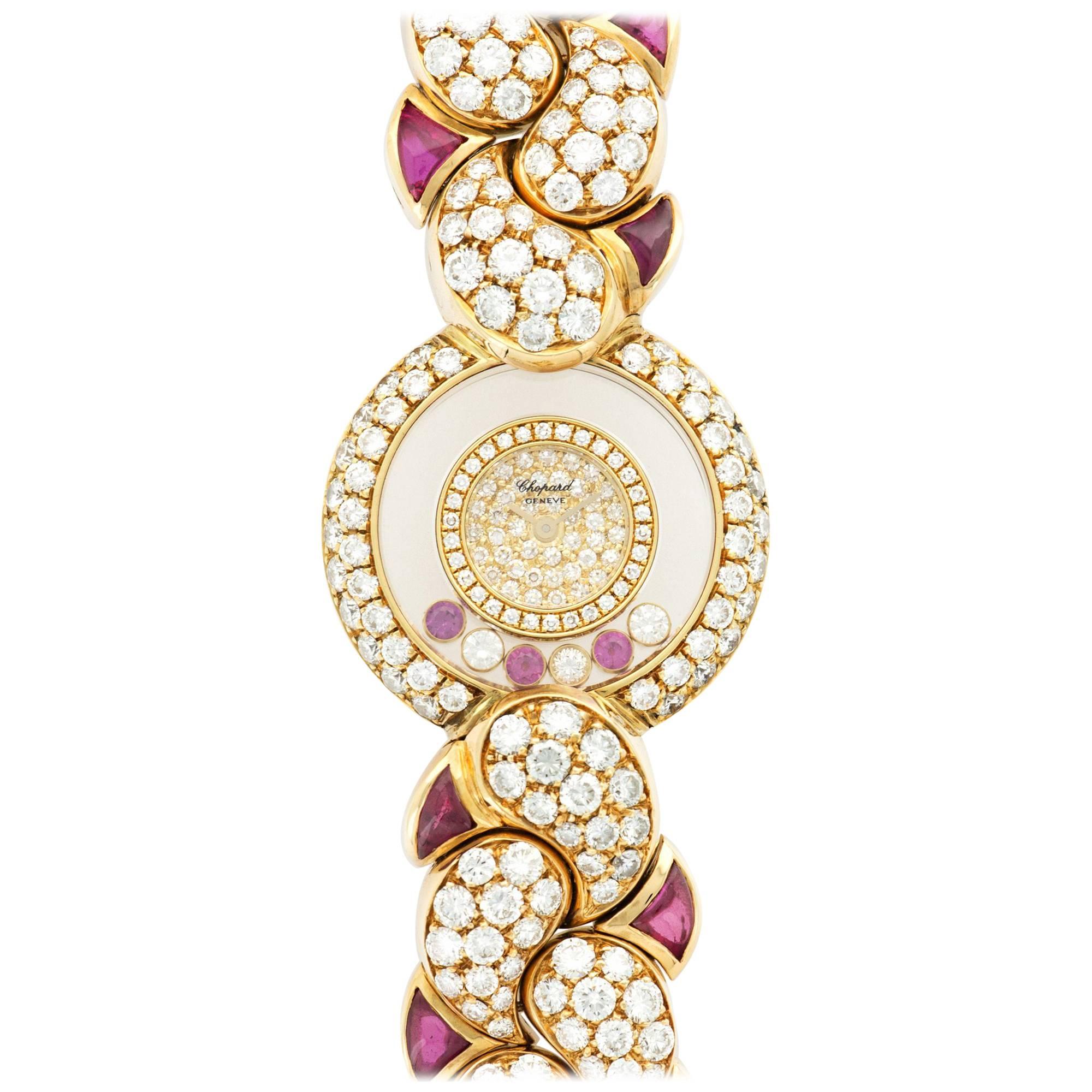 Chopard Yellow Gold Happy Diamond Ruby Bracelet Wristwatch