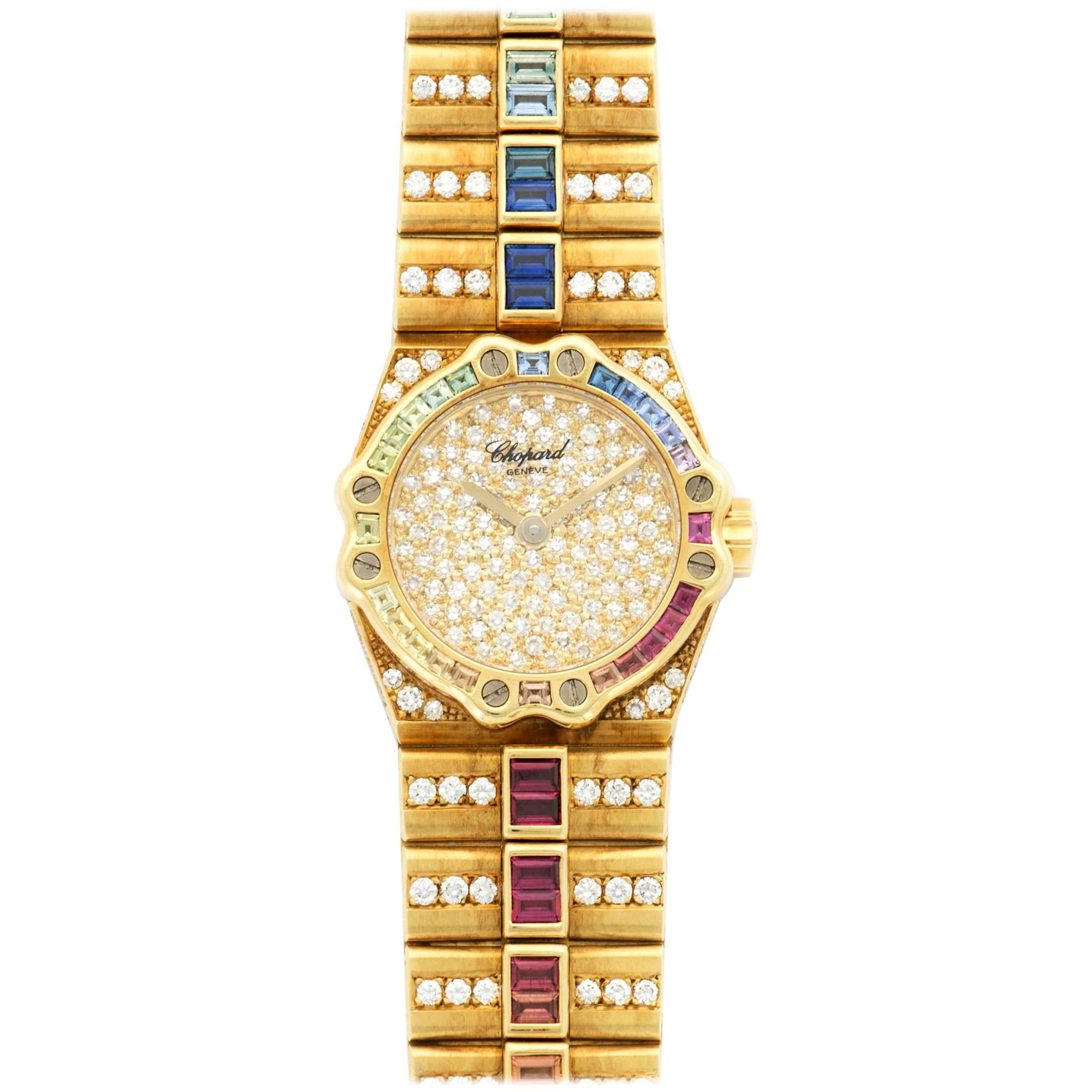 Chopard Yellow Gold Diamond Multicolor Rainbow Sapphire St. Moritz Wristwatch For Sale