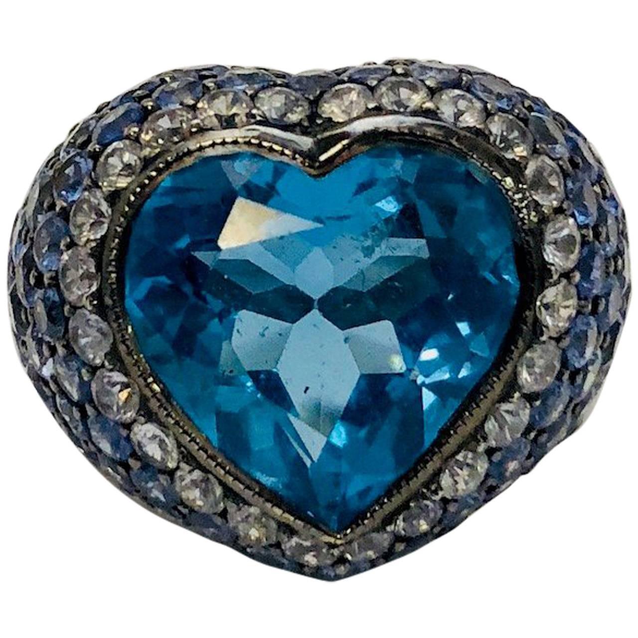 Ombre Blue Topaz and Sapphire Diamond Heart Shaped White Gold Ring  For Sale