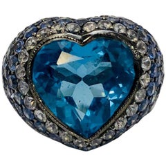 Ombre Blue Topaz and Sapphire Diamond Heart Shaped White Gold Ring 