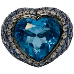 Ombre Blue Topaz and Sapphire Diamond Heart Shaped White Gold Ring