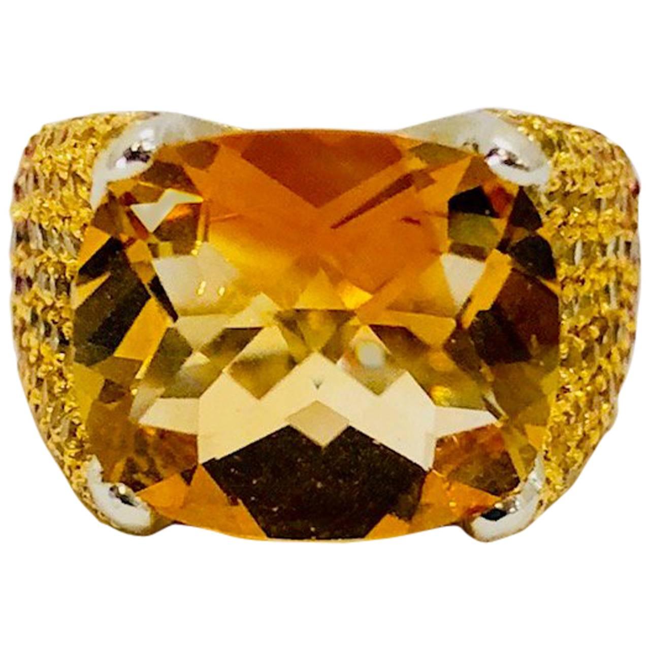 Ombre Yellow Citrine Ruby Red Sapphire Gold Ring For Sale