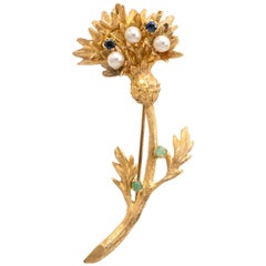 Brooch 14 K Yellow Gold Plante 1970 Pearl Saphir Emerald