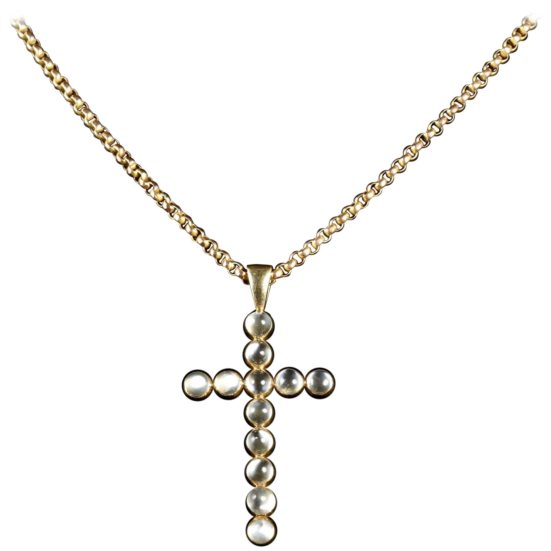 Antique Victorian Gold Moonstone Cross and Gold Necklace, circa 1900