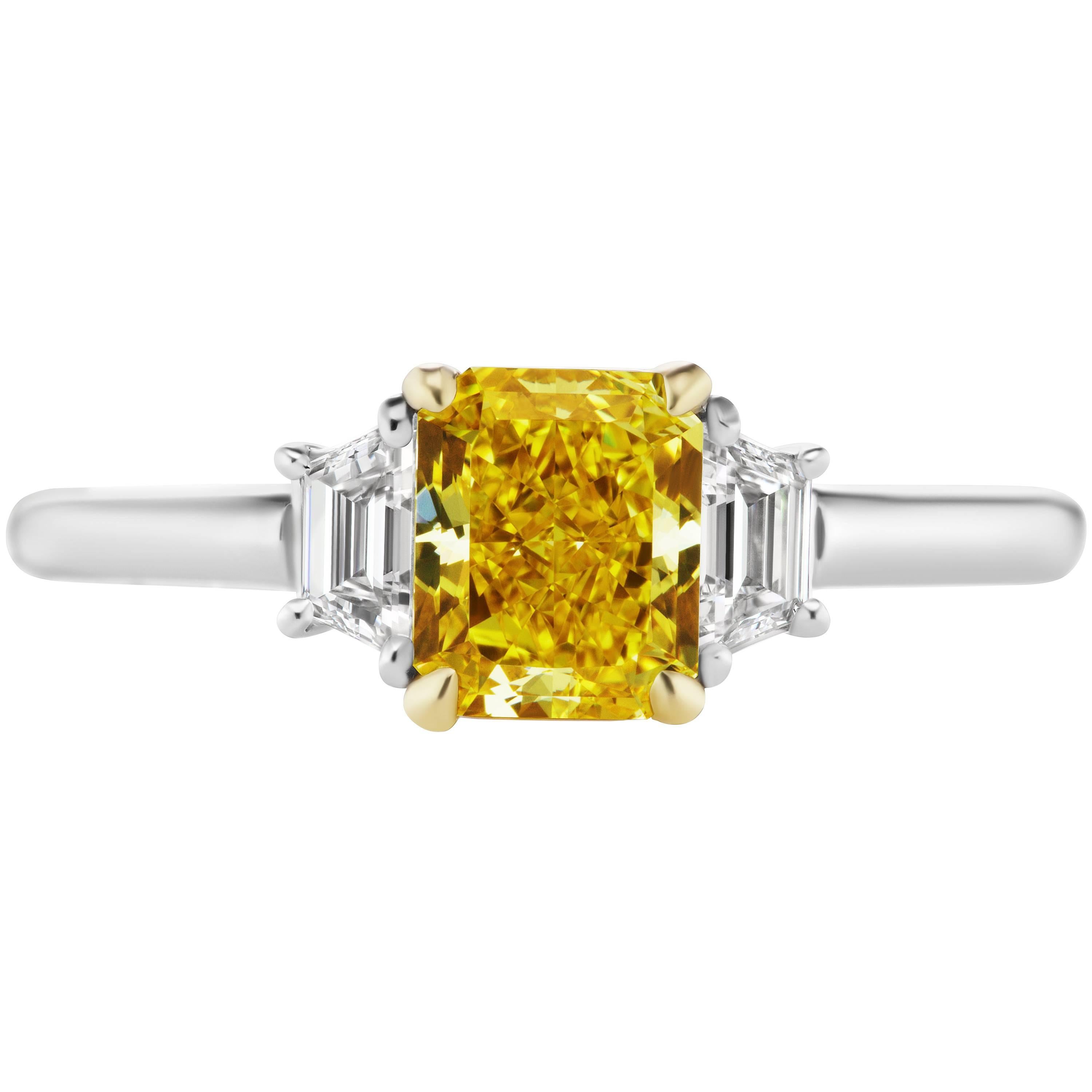 GIA Certified 1.18 Carat Vivid Yellow Radiant Cut Diamond Engagement Ring 