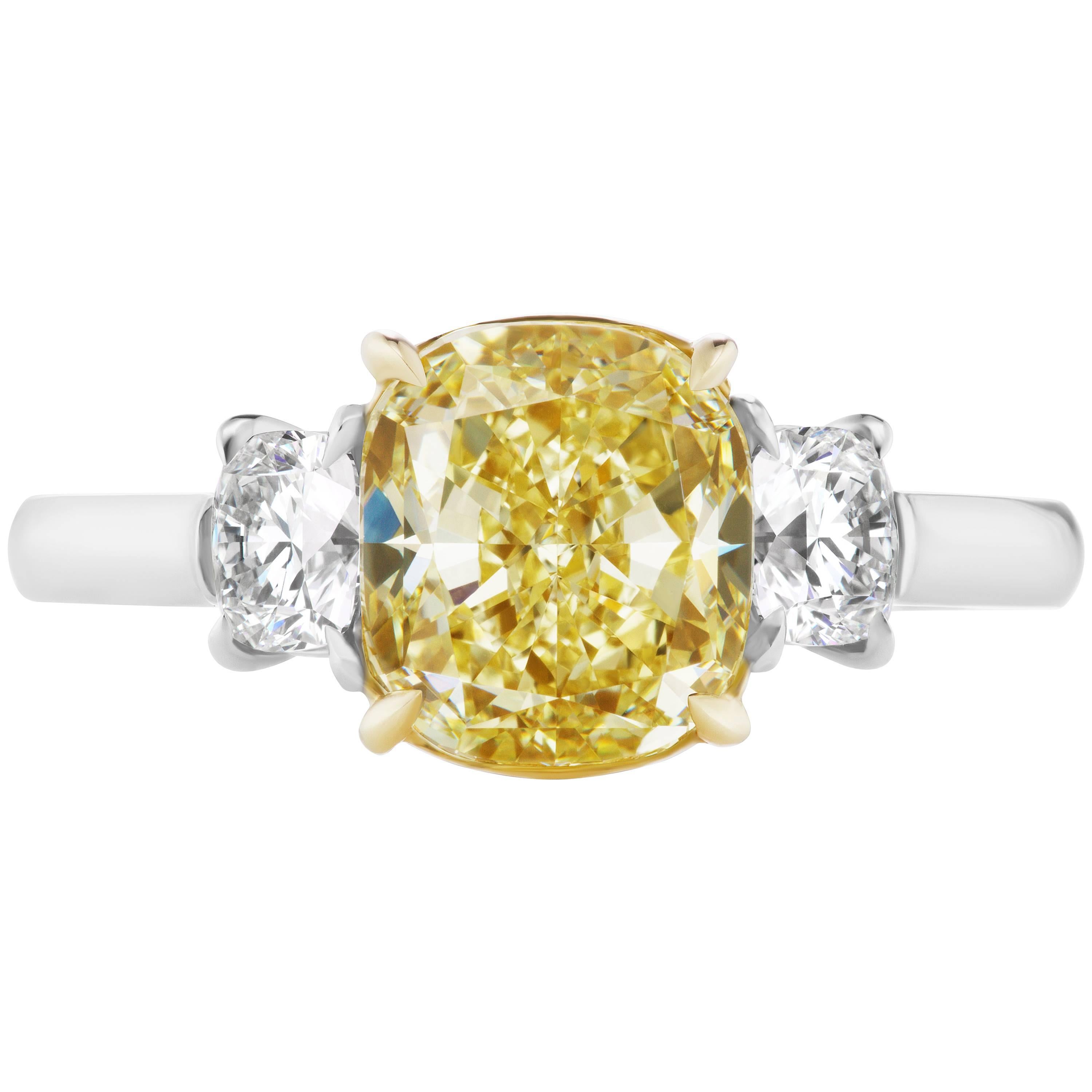 Scarselli GIA Certified 2.5 Carat Yellow Cushion Cut Diamond and Engagement Ring