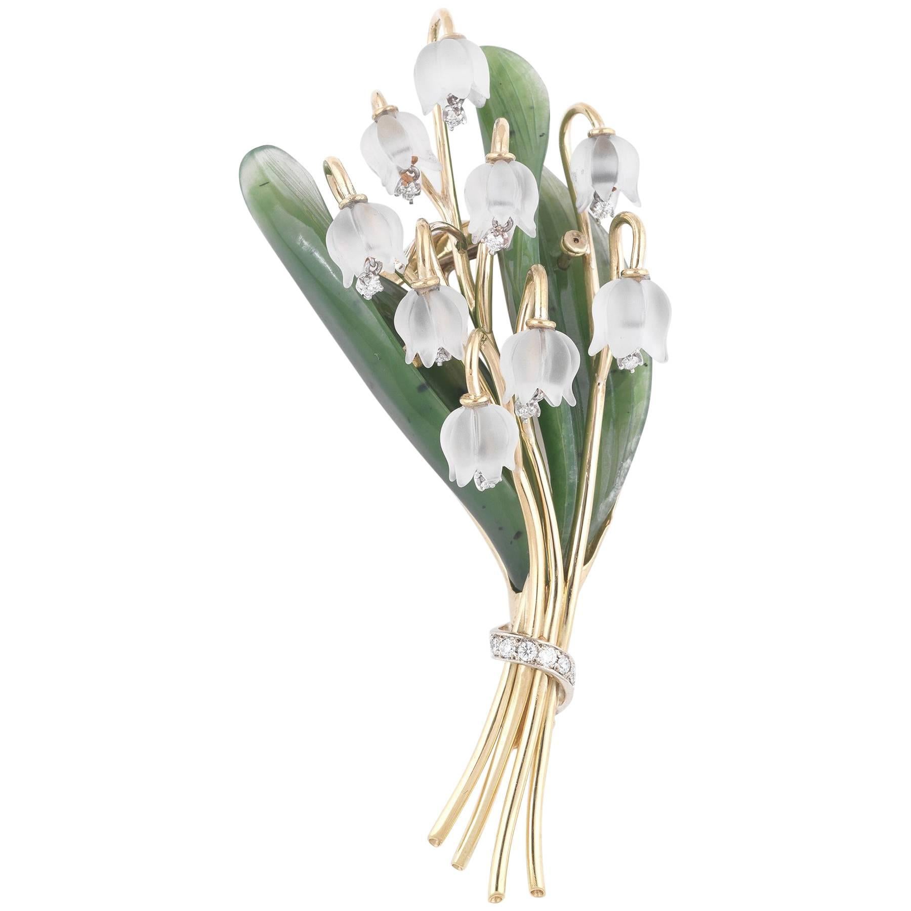 Jade Diamond Gold Lily of the Valley Brooch at 1stDibs | lily of the valley  brooch
