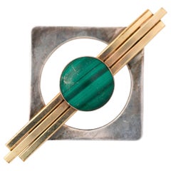 1950s Malachite Geometric Brooch in Sterling Silver and 18 Karat Gold